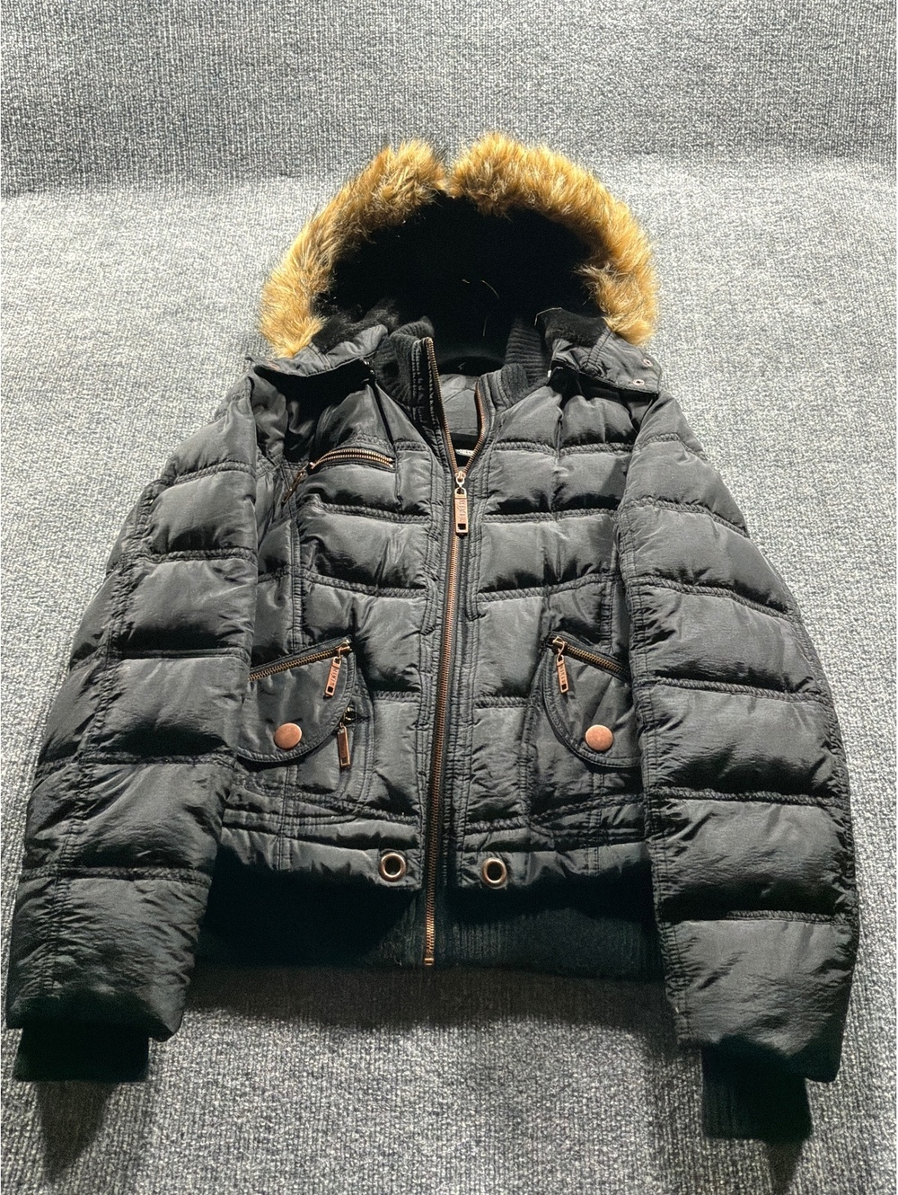 Mixit Women's Black Puffer Jacket with Faux Fur Hood, Size XL